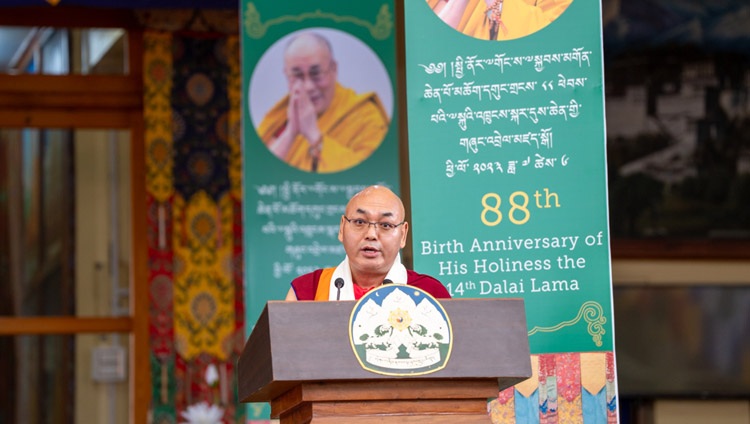 Khenpo Sonam Tenphel, Speaker of the Tibetan Parliament in Exile, addressing the crowd at the celebrations marking His Holiness the Dalai Lama's 88th birthday at the Main Tibetan Temple courtyard in Dharamsala, HP, India on July 6, 2023. Photo by Tenzin Choejor Khenpo Sonam Tenphel, Speaker of the Tibetan Parliament in Exile, addressing the crowd at the celebrations marking His Holiness the Dalai Lama's 88th birthday at the Main Tibetan Temple courtyard in Dharamsala, HP, India on July 6, 2023. Photo by Tenzin Choejor