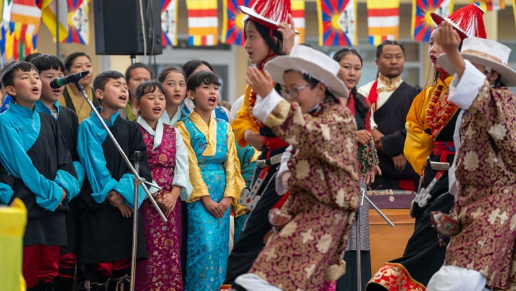 Children from the Mewoen Tsuglag Petoen model school performing during the celebrations marking His Holiness the Dalai Lama's 88th birthday at the Main Tibetan Temple courtyard in Dharamsala, HP, India on July 6, 2023. Photo by Tenzin Choejor Children from the Mewoen Tsuglag Petoen model school performing during the celebrations marking His Holiness the Dalai Lama's 88th birthday at the Main Tibetan Temple courtyard in Dharamsala, HP, India on July 6, 2023. Photo by Tenzin Choejor