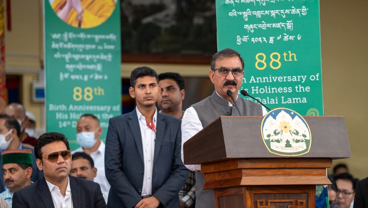 Chief Minister of Himachal Pradesh, Sukhvinder Singh Sukhu, speaking at the celebrations marking His Holiness the Dalai Lama's 88th birthday at the Main Tibetan Temple courtyard in Dharamsala, HP, India on July 6, 2023. Photo by Tenzin Choejor Chief Minister of Himachal Pradesh, Sukhvinder Singh Sukhu, speaking at the celebrations marking His Holiness the Dalai Lama's 88th birthday at the Main Tibetan Temple courtyard in Dharamsala, HP, India on July 6, 2023. Photo by Tenzin Choejor