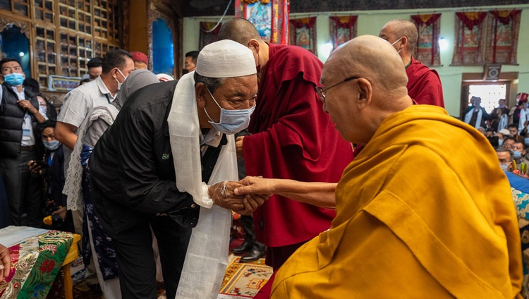 A member of the Muslim community greeting His Holiness the Dalai Lama at the start of his visit to the Jokhang in Leh, Ladakh, India on July 14, 2023. Photo by Tenzin Choejor A member of the Muslim community greeting His Holiness the Dalai Lama at the start of his visit to the Jokhang in Leh, Ladakh, India on July 14, 2023. Photo by Tenzin Choejor