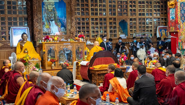 His Holiness the Dalai Lama leading prayers during his visit to the Jokhang in Leh, Ladakh, India on July 14, 2023. Photo by Tenzin Choejor His Holiness the Dalai Lama leading prayers during his visit to the Jokhang in Leh, Ladakh, India on July 14, 2023. Photo by Tenzin Choejor