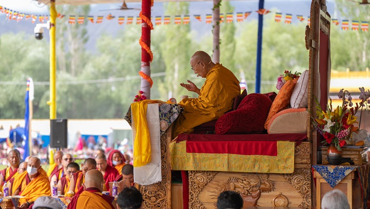 His Holiness the Dalai Lama addressing the crowd on the first day of teachings at the Shewatsel Teaching Area in Leh, Ladakh UT, India on July 21, 2023. Photo by Tenzin Choejor His Holiness the Dalai Lama addressing the crowd on the first day of teachings at the Shewatsel Teaching Area in Leh, Ladakh UT, India on July 21, 2023. Photo by Tenzin Choejor