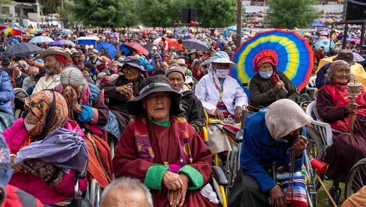 Elderly members of the local community listening to His Holiness the Dalai Lama on the first day of teachings at the Shewatsel Teaching Area in Leh, Ladakh UT, India on July 21, 2023. Photo by Tenzin Choejor Elderly members of the local community listening to His Holiness the Dalai Lama on the first day of teachings at the Shewatsel Teaching Area in Leh, Ladakh UT, India on July 21, 2023. Photo by Tenzin Choejor