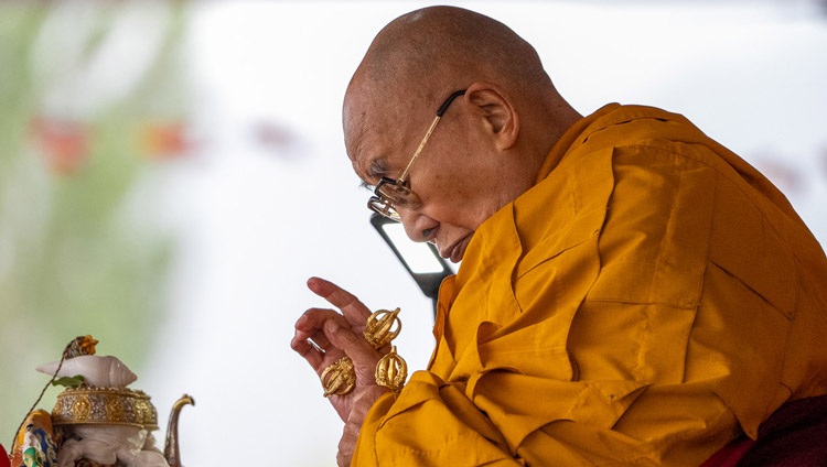 His Holiness the Dalai Lama performing preparatory rituals for the Avalokiteshvara Empowerment at the Shewatsel Teaching Ground in Leh, Ladakh, India on July 23, 2023. Photo by Tenzin Choejor His Holiness the Dalai Lama performing preparatory rituals for the Avalokiteshvara Empowerment at the Shewatsel Teaching Ground in Leh, Ladakh, India on July 23, 2023. Photo by Tenzin Choejor