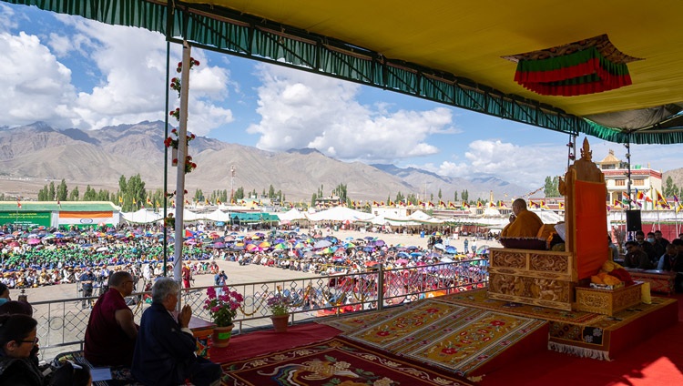 His Holiness the Dalai Lama addressing the crowd of over 5000 members of the Tibetan community in Ladakh during his visit to Tibetan Children's Village School (TCV) Choglamsar in Leh, Ladakh, India on July 26, 2023. Photo by Tenzin Choejor His Holiness the Dalai Lama addressing the crowd of over 5000 members of the Tibetan community in Ladakh during his visit to Tibetan Children's Village School (TCV) Choglamsar in Leh, Ladakh, India on July 26, 2023. Photo by Tenzin Choejor