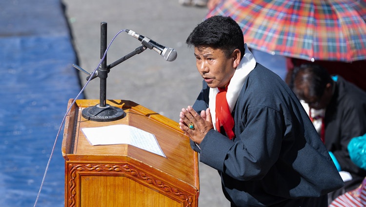 Sonam Tsering, the chairman of the organizing committee for the program thanking His Holiness the Dalai Lama for visiting Tibetan Children's Village School (TCV) Choglamsar to address members of the Tibetan community in Ladakh in Leh, Ladakh, India on July 26, 2023. Photo by Tenzin Choejor Sonam Tsering, the chairman of the organizing committee for the program thanking His Holiness the Dalai Lama for visiting Tibetan Children's Village School (TCV) Choglamsar to address members of the Tibetan community in Ladakh in Leh, Ladakh, India on July 26, 2023. Photo by Tenzin Choejor