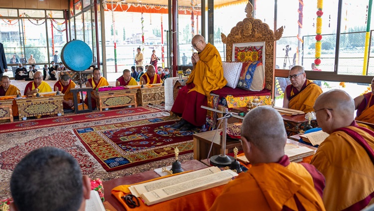 His Holiness the Dalai Lama joining monks reciting a Kalachakra ritual at the Sehewatsel Teaching Ground in Leh, Ladakh, India on July 31, 2023. Photo by Tenzin Choejor His Holiness the Dalai Lama joining monks reciting a Kalachakra ritual at the Sehewatsel Teaching Ground in Leh, Ladakh, India on July 31, 2023. Photo by Tenzin Choejor