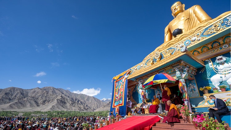 His Holiness the Dalai Lama addressing the crowd gathered at the Great Buddha Statue in Stok, Leh, Ladakh, India on July 31, 2023. Photo by Tenzin Choejor His Holiness the Dalai Lama addressing the crowd gathered at the Great Buddha Statue in Stok, Leh, Ladakh, India on July 31, 2023. Photo by Tenzin Choejor