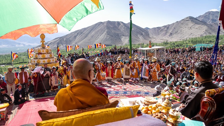 A local dance troupe in traditional dress performing during His Holiness the Dalai Lama's visit the the Great Buddha Statue in Stok, Leh, Ladakh, India on July 31, 2023. Photo by Tenzin Choejor A local dance troupe in traditional dress performing during His Holiness the Dalai Lama's visit the the Great Buddha Statue in Stok, Leh, Ladakh, India on July 31, 2023. Photo by Tenzin Choejor
