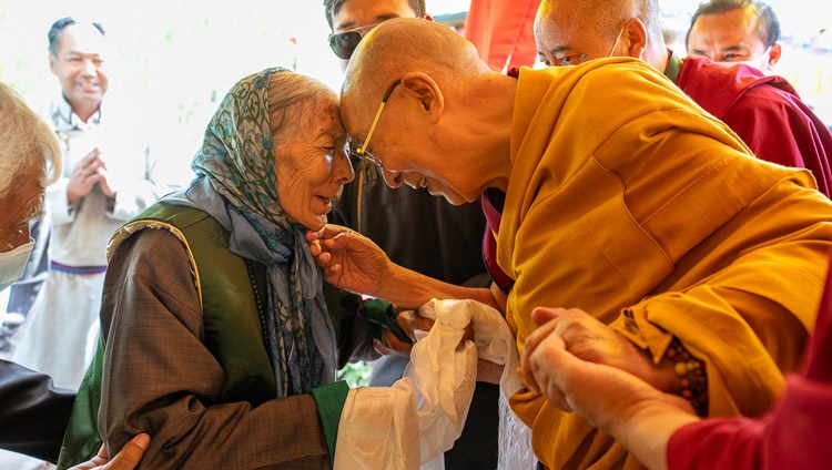 His Holiness the Dalai Lama exchanging greetings with the Stok Gyalmo on his arrival at her residence in Stok, Leh, Ladakh, India on July 31, 2023. Photo by Tenzin Choejor His Holiness the Dalai Lama exchanging greetings with the Stok Gyalmo on his arrival at her residence in Stok, Leh, Ladakh, India on July 31, 2023. Photo by Tenzin Choejor