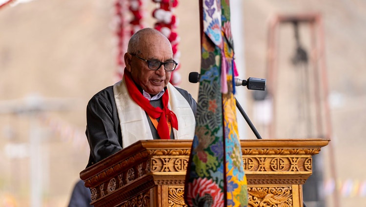 President of the Lamdon Social Welfare Society, Phuntsok Angchuk delivering his welcome address at Lamdon Model Senior Secondary School's Golden Jubilee Celebration in Leh, Ladakh, India on August 7, 2023. Photo by Tenzin Choejor President of the Lamdon Social Welfare Society, Phuntsok Angchuk delivering his welcome address at Lamdon Model Senior Secondary School's Golden Jubilee Celebration in Leh, Ladakh, India on August 7, 2023. Photo by Tenzin Choejor