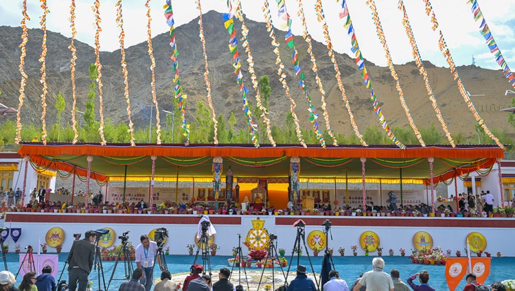 A view of the stage during His Holiness the Dalai Lama's talk at Lamdon Model Senior Secondary School's Golden Jubilee Celebration in Leh, Ladakh, India on August 7, 2023. Photo by Ven Zamling Norbu A view of the stage during His Holiness the Dalai Lama's talk at Lamdon Model Senior Secondary School's Golden Jubilee Celebration in Leh, Ladakh, India on August 7, 2023. Photo by Ven Zamling Norbu