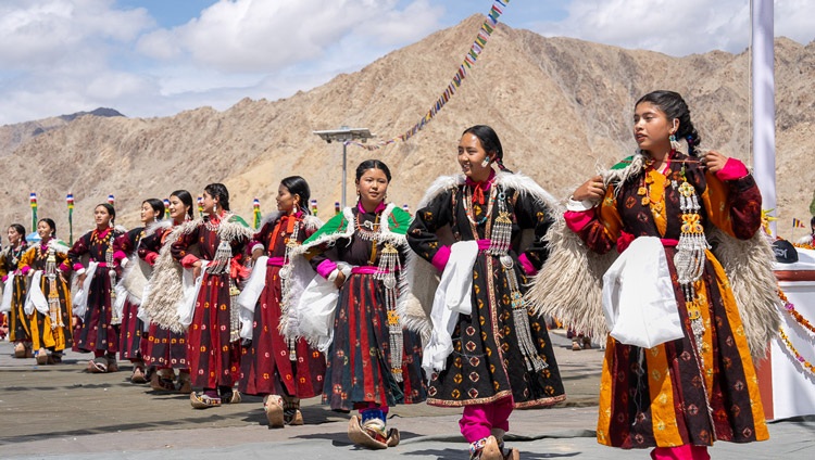Students performing a traditional song and dance presentation during Lamdon Model Senior Secondary School's Golden Jubilee Celebration in Leh, Ladakh, India on August 7, 2023. Photo by Tenzin Choejor Students performing a traditional song and dance presentation during Lamdon Model Senior Secondary School's Golden Jubilee Celebration in Leh, Ladakh, India on August 7, 2023. Photo by Tenzin Choejor