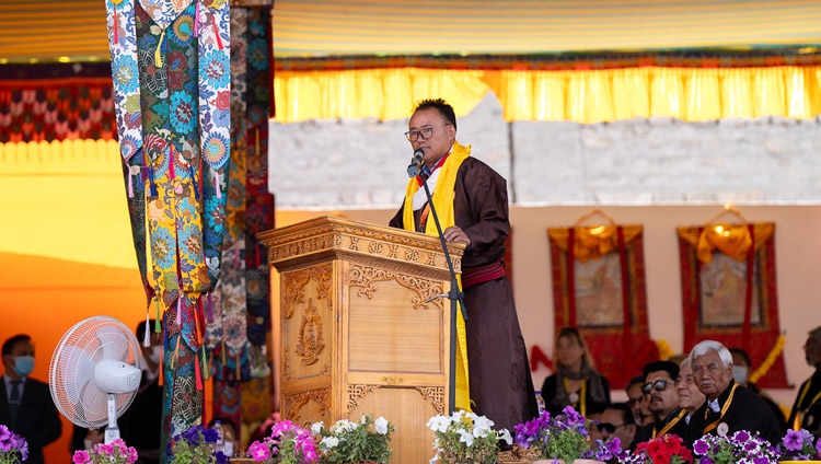 The Principal, Stanzin Dawa offered words of thanks at the conclusion of Lamdon Model Senior Secondary School's Golden Jubilee Celebration in Leh, Ladakh, India on August 7, 2023. Photo by Tenzin Choejor The Principal, Stanzin Dawa offered words of thanks at the conclusion of Lamdon Model Senior Secondary School's Golden Jubilee Celebration in Leh, Ladakh, India on August 7, 2023. Photo by Tenzin Choejor