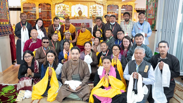 His Holiness the Dalai Lama posing for group photo with core members of the SEE Learning team in Ladakh after their meeting at his residence at Shewatsel, Leh, Ladakh, India on August 10, 2023. Photo by Tenzin Choejor His Holiness the Dalai Lama posing for group photo with core members of the SEE Learning team in Ladakh after their meeting at his residence at Shewatsel, Leh, Ladakh, India on August 10, 2023. Photo by Tenzin Choejor