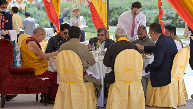 His Holiness the Dalai Lama joining special guests and dignitaries for a farewell lunch at offered by the Ladakh Autonomous Hill Development Council (LAHDC) at Sindhu Ghat in Leh, Ladakh, India on August 16, 2023. Photo by Tenzin Choejor His Holiness the Dalai Lama joining special guests and dignitaries for a farewell lunch at offered by the Ladakh Autonomous Hill Development Council (LAHDC) at Sindhu Ghat in Leh, Ladakh, India on August 16, 2023. Photo by Tenzin Choejor