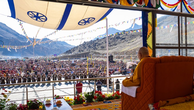 His Holiness the Dalai Lama watching cultural performances during the welcome ceremony at the teaching ground in Khaltse, Ladakh, India on August 18, 2023. Photo by Tenzin Choejor His Holiness the Dalai Lama watching cultural performances during the welcome ceremony at the teaching ground in Khaltse, Ladakh, India on August 18, 2023. Photo by Tenzin Choejor