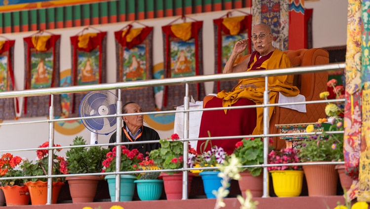 His Holiness the Dalai Lama addressing the crowd at the teaching ground in Khaltse, Ladakh, India on August 18, 2023. Photo by Tenzin Choejor His Holiness the Dalai Lama addressing the crowd at the teaching ground in Khaltse, Ladakh, India on August 18, 2023. Photo by Tenzin Choejor