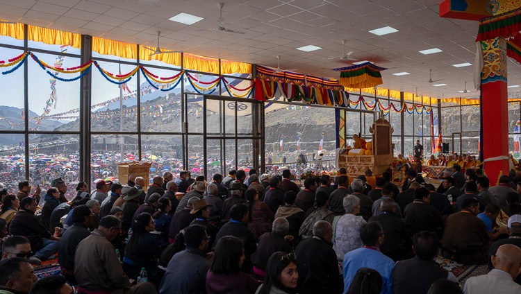 A view from inside the teaching ground pavilion during His Holiness the Dalai Lama's teachings in Khaltse, Ladakh, India on August 19, 2023. Photo by Tenzin Choejor A view from inside the teaching ground pavilion during His Holiness the Dalai Lama's teachings in Khaltse, Ladakh, India on August 19, 2023. Photo by Tenzin Choejor