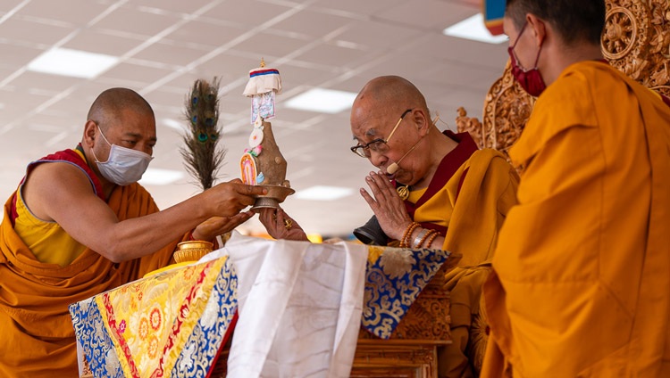 His Holiness the Dalai Lama conferring a long-life empowerment at the teaching ground in Khaltse, Ladakh, India on August 19, 2023. Photo by Tenzin Choejor His Holiness the Dalai Lama conferring a long-life empowerment at the teaching ground in Khaltse, Ladakh, India on August 19, 2023. Photo by Tenzin Choejor