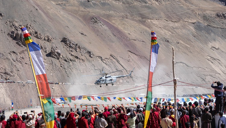 His Holiness the Dalai Lama's helicopter taking off for Leh after conclusion of his teachings at the teaching ground in Khaltse, Ladakh, India on August 19, 2023. Photo by Tenzin Choejor His Holiness the Dalai Lama's helicopter taking off for Leh after conclusion of his teachings at the teaching ground in Khaltse, Ladakh, India on August 19, 2023. Photo by Tenzin Choejor