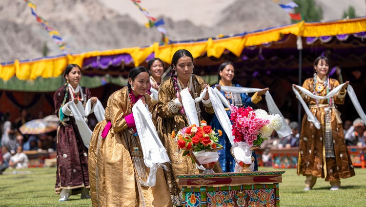 Local women performing a welcome song for His Holiness the Dalai Lama at the start of the farewell lunch at the Abispang garden of Spituk monastery in Leh, Ladakh, India on August 23, 2023. Photo by Tenzin Choejor Local women performing a welcome song for His Holiness the Dalai Lama at the start of the farewell lunch at the Abispang garden of Spituk monastery in Leh, Ladakh, India on August 23, 2023. Photo by Tenzin Choejor
