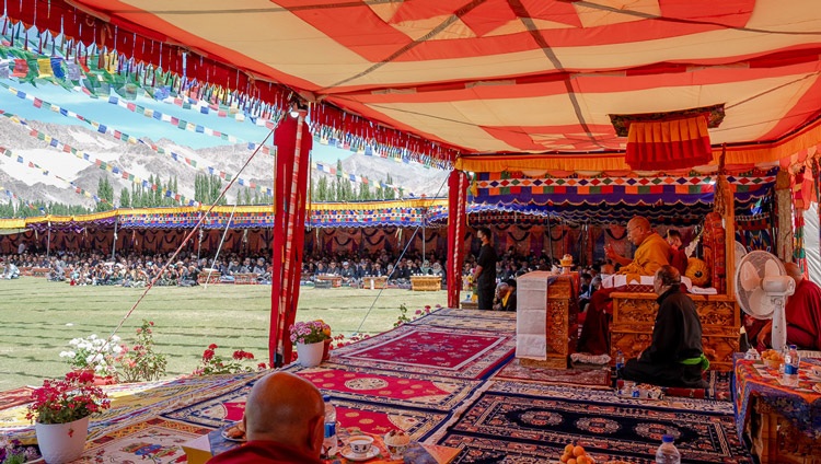 His Holiness the Dalai Lama addressing the gathering at the Abispang garden of Spituk monastery in Leh, Ladakh, India on August 23, 2023. Photo by Tenzin Choejor His Holiness the Dalai Lama addressing the gathering at the Abispang garden of Spituk monastery in Leh, Ladakh, India on August 23, 2023. Photo by Tenzin Choejor
