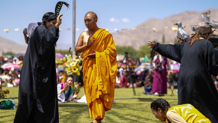 Artists from the Ladakh Theatre Organization peforming the short play "Samsara" at the farewell lunch for His Holiness the Dalai Lama at the Abispang garden of Spituk monastery in Leh, Ladakh, India on August 23, 2023. Photo by Tenzin Choejor Artists from the Ladakh Theatre Organization peforming the short play "Samsara" at the farewell lunch for His Holiness the Dalai Lama at the Abispang garden of Spituk monastery in Leh, Ladakh, India on August 23, 2023. Photo by Tenzin Choejor