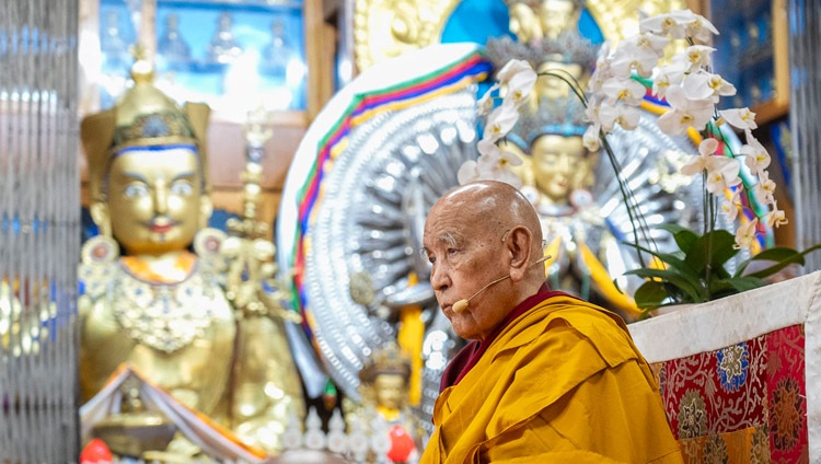 Gaden Tri Rinpoche speaking on the second day of teachings requested by Taiwanese at the Main Tibetan Temple in Dharamsala, HP, India on October 3, 2023. Photo by Tenzin Choejor