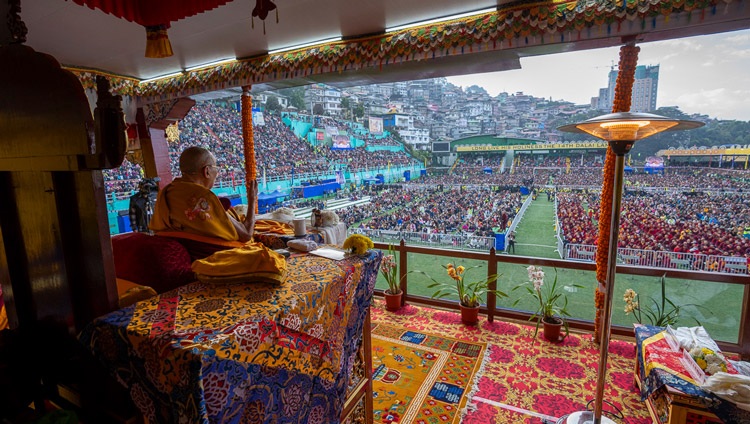 His Holiness the Dalai Lama addressing the gathering of over 40,000 at Paljor Stadium in Gangtok, Sikkim, India on December 12, 2023. Photo by Tenzin Choejor His Holiness the Dalai Lama addressing the gathering of over 40,000 at Paljor Stadium in Gangtok, Sikkim, India on December 12, 2023. Photo by Tenzin Choejor