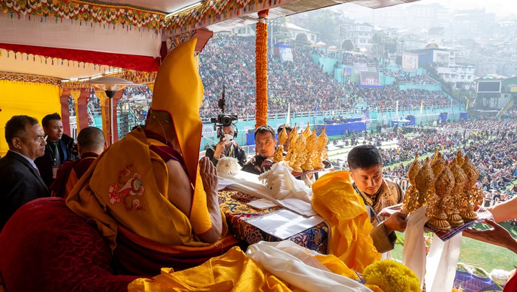 Dignitaries parading by with offerings for His Holiness the Dalai Lama during the Long Life Prayer at Paljor Stadium in Gangtok, Sikkim, India on December 12, 2023. Photo by Tenzin Choejor Dignitaries parading by with offerings for His Holiness the Dalai Lama during the Long Life Prayer at Paljor Stadium in Gangtok, Sikkim, India on December 12, 2023. Photo by Tenzin Choejor