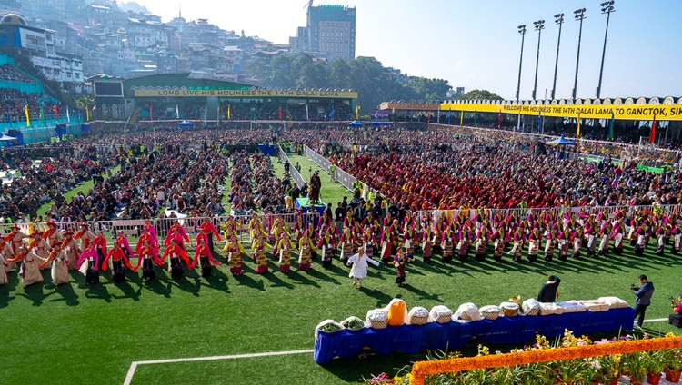 Members of the Tibetan community of Sikkim performing in traditional regional dress during the Long Life Prayer offering for His Holiness the Dalai Lama at Paljor Stadium in Gangtok, Sikkim, India on December 12, 2023. Photo by Tenzin Choejor Members of the Tibetan community of Sikkim performing in traditional regional dress during the Long Life Prayer offering for His Holiness the Dalai Lama at Paljor Stadium in Gangtok, Sikkim, India on December 12, 2023. Photo by Tenzin Choejor