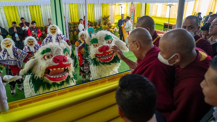 Snow Lion dancers welcoming His Holiness the Dalai Lama on his arrival at amman Bhawan, the Chief Minister of Sikkim’s residence, in Gangtok, Sikkim, India on December 13, 2023. Photo by Tenzin Choejor Snow Lion dancers welcoming His Holiness the Dalai Lama on his arrival at amman Bhawan, the Chief Minister of Sikkim’s residence, in Gangtok, Sikkim, India on December 13, 2023. Photo by Tenzin Choejor
