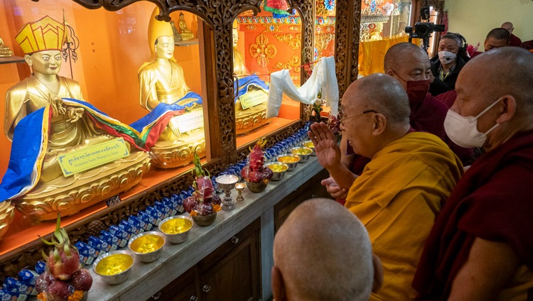His Holiness the Dalai Lama paying his respects before statues of Jé Tsongkhapa and his chief disciples inside the temple at Sed-Gyued Monastery in Salugara, West Bengal, India on December 14, 2023. Photo by Tenzin Choejor His Holiness the Dalai Lama paying his respects before statues of Jé Tsongkhapa and his chief disciples inside the temple at Sed-Gyued Monastery in Salugara, West Bengal, India on December 14, 2023. Photo by Tenzin Choejor