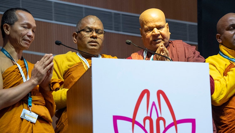 A group of Theravadin monks recited the ‘Karaniya Metta Sutta’ in Pali at the start of the inauguration of the International Sangha Forum at the International Convention Centre Bodhgaya in Bodhgaya, Bihar, India on December 20, 2023. Photo by Tenzin Choejor