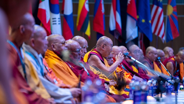 His Holiness the Dalai Lama delivering his closing remarks at the inaugural session of the first International Sangha Forum at the International Convention Centre Bodhgaya in Bodhgaya, Bihar, India on December 20, 2023. Photo by Tenzin Choejor