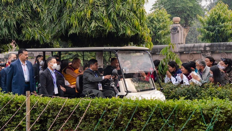 His Holiness the Dalai Lama arriving at the Mahabodi Temple to join in prayers for world peace in Bodhgaya, Bihar, India on December 23, 2023. Photo by Tenzin Choejor His Holiness the Dalai Lama arriving at the Mahabodi Temple to join in prayers for world peace in Bodhgaya, Bihar, India on December 23, 2023. Photo by Tenzin Choejor