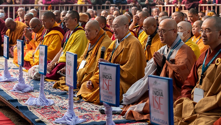 Sangha members of eleven different countries taking turns chanting prayers for world peace at the Mahabohdi Temple in Bodhgaya, Bihar, India on December 23, 2023. Photo by Tenzin Choejor Sangha members of eleven different countries taking turns chanting prayers for world peace at the Mahabohdi Temple in Bodhgaya, Bihar, India on December 23, 2023. Photo by Tenzin Choejor