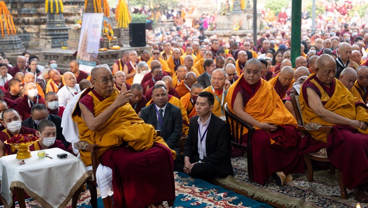 His Holiness the Dalai Lama addressing the congregation gathered at the Mahabodhi Temple to join in prayers for world peace in Bodhgaya, Bihar, India on December 23, 2023. Photo by Tenzin Choejor His Holiness the Dalai Lama addressing the congregation gathered at the Mahabodhi Temple to join in prayers for world peace in Bodhgaya, Bihar, India on December 23, 2023. Photo by Tenzin Choejor