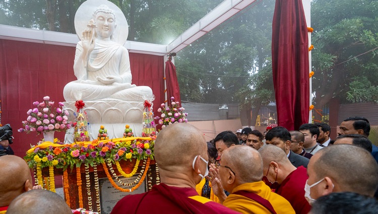 His Holiness the Dalai Lama consecrating a new stone statue of the Buddha commissioned by the Bodhgaya Temple Management Committee (BTMG) at the Kalachakra Ground in Bodhgaya, Bihar, India on December 29, 2023. Photo by Tenzin Choejor His Holiness the Dalai Lama consecrating a new stone statue of the Buddha commissioned by the Bodhgaya Temple Management Committee (BTMG) at the Kalachakra Ground in Bodhgaya, Bihar, India on December 29, 2023. Photo by Tenzin Choejor