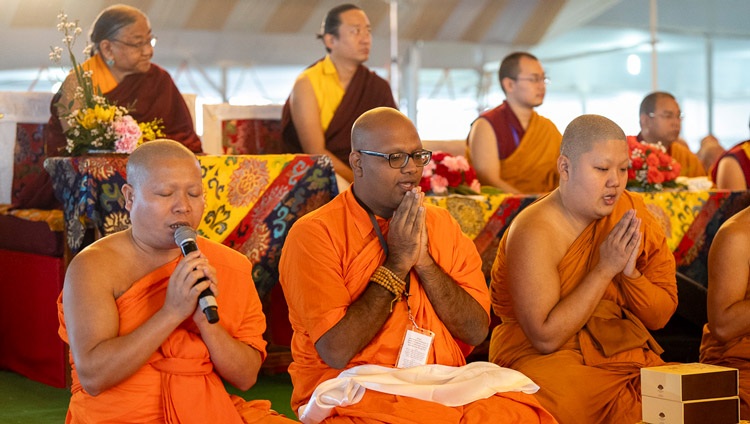 Theravadin monks chanting the ‘Mangala Sutta’ in Pali at the start of the first day of His Holiness the Dalai Lama's teachings at the Kalachakra Ground in Bodhgaya, Bihar, India on December 29, 2023. Photo by Tenzin Choejor Theravadin monks chanting the ‘Mangala Sutta’ in Pali at the start of the first day of His Holiness the Dalai Lama's teachings at the Kalachakra Ground in Bodhgaya, Bihar, India on December 29, 2023. Photo by Tenzin Choejor