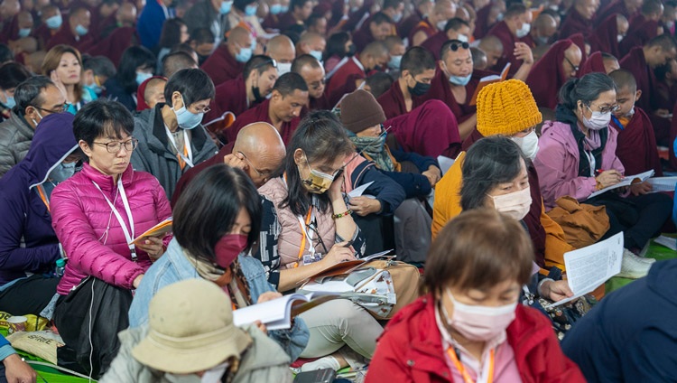 Members of the 50,000 strong crowd following the text ‘In Praise of the Dharmdhatu’ by Nagarjuna being taught by His Holiness the Dalai Lama at the Kalachakra Ground in Bodhgaya, Bihar, India on December 29, 2023. Photo by Tenzin Choejor Members of the 50,000 strong crowd following the text ‘In Praise of the Dharmdhatu’ by Nagarjuna being taught by His Holiness the Dalai Lama at the Kalachakra Ground in Bodhgaya, Bihar, India on December 29, 2023. Photo by Tenzin Choejor
