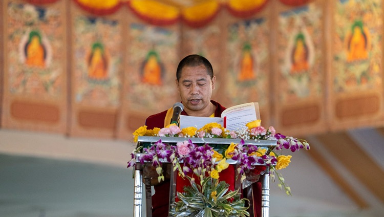 Geshé Tulku Tenzin Sherab delivering his opening remarks at the Gelukpa University Convocation and the Award of Geshé Lharampa Degrees at the Kalachakra Ground in Bodhgaya, Bihar, India on January 3, 2024. Photo by Tenzin Choejor Geshé Tulku Tenzin Sherab delivering his opening remarks at the Gelukpa University Convocation and the Award of Geshé Lharampa Degrees at the Kalachakra Ground in Bodhgaya, Bihar, India on January 3, 2024. Photo by Tenzin Choejor