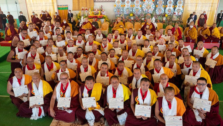 Groups of Geshés gathered around His Holiness to have photographs taken with him after receiving their degrees at the Gelukpa University Convocation and the Award of Geshé Lharampa Degrees at the Kalachakra Ground in Bodhgaya, Bihar, India on January 3, 2024. Photo by Tenzin Choejor Groups of Geshés gathered around His Holiness to have photographs taken with him after receiving their degrees at the Gelukpa University Convocation and the Award of Geshé Lharampa Degrees at the Kalachakra Ground in Bodhgaya, Bihar, India on January 3, 2024. Photo by Tenzin Choejor