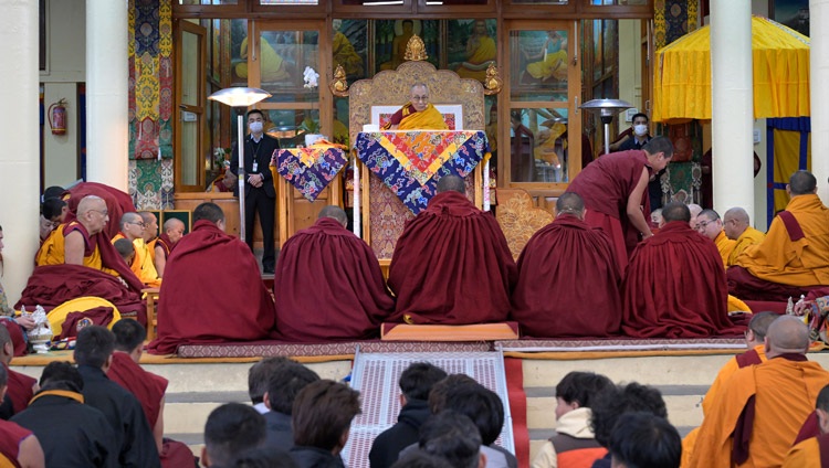 A view of the stage during the His Holiness the Dalai Lama's teaching at the Main Tibetan Temple courtyard in Dharamsala, HP, India on February 24, 2024. Photo by Ven Zamling Norbu A view of the stage during the His Holiness the Dalai Lama's teaching at the Main Tibetan Temple courtyard in Dharamsala, HP, India on February 24, 2024. Photo by Ven Zamling Norbu