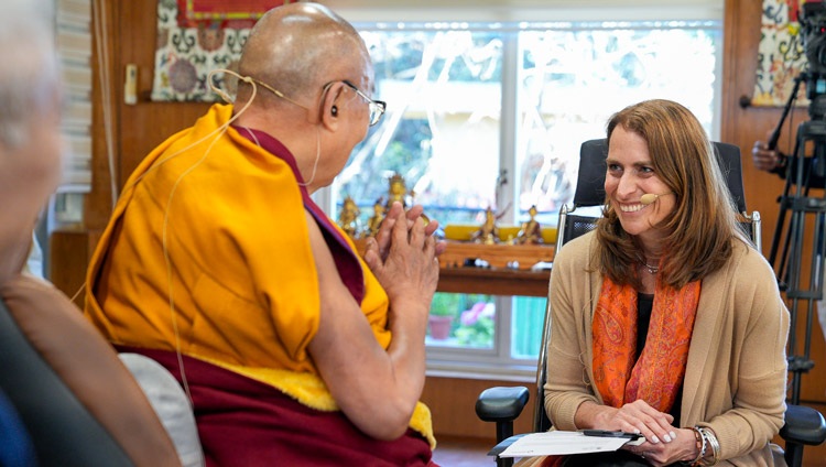Moderator Sona Dimidjian delivering her introduction during the meeting with His Holiness the Dalai Lama and young leaders taking part in the Dalai Lama Fellows program along with accompanying guests at His Holiness's residence in Dharamsala, HP, India on March 20, 2024. Photo by Ven Tenzin Jamphel