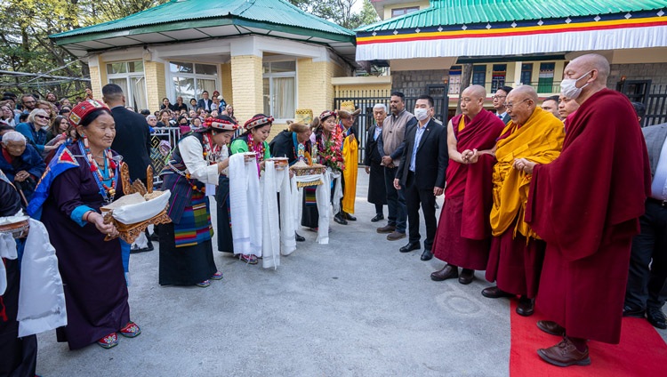 His Holiness the Dalai Lama being offered a traditional welcome as he makes his way to the Main Tibetan Temple in Dharamsala, HP, India to attend a Long Life Prayers on April 3, 2024. Photo by Ven Temzin Jamphel His Holiness the Dalai Lama being offered a traditional welcome as he makes his way to the Main Tibetan Temple in Dharamsala, HP, India to attend a Long Life Prayers on April 3, 2024. Photo by Ven Temzin Jamphel