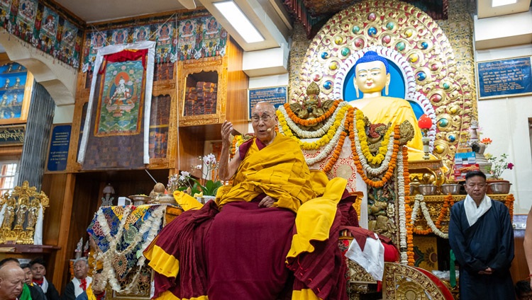 His Holiness the Dalai Lama addressing the congregation during the Long Life Prayer at the Main Tibetan Temple in Dharamsala, HP, India on April 3, 2024. Photo by Ven Tenzin Jamphel His Holiness the Dalai Lama addressing the congregation during the Long Life Prayer at the Main Tibetan Temple in Dharamsala, HP, India on April 3, 2024. Photo by Ven Tenzin Jamphel