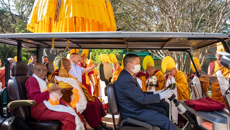 His Holiness the Dalai Lama and Most Venerable Dr. Waskaduwe Mahindawansa Maha Nayaka Thero riding a golf cart to the meeting room at his residence in Dharamsala, HP, India on April 4, 2024. Photo by Tenzin Choejor His Holiness the Dalai Lama and Most Venerable Dr. Waskaduwe Mahindawansa Maha Nayaka Thero riding a golf cart to the meeting room at his residence in Dharamsala, HP, India on April 4, 2024. Photo by Tenzin Choejor