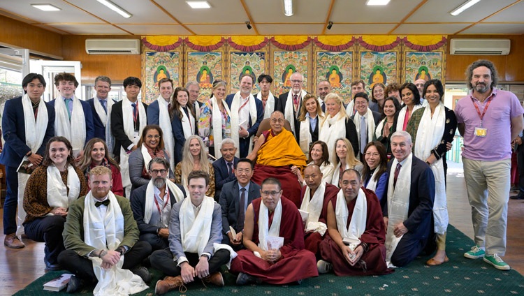 Participants in the discussion with groups from Harvard University posing for a photo with His Holiness the Dalai Lama at the conclusion of the two day meeting at the meeting room at his residence in Dharamsala, HP, India on April 9, 2024. Photo by Ven Zamling Norbu Participants in the discussion with groups from Harvard University posing for a photo with His Holiness the Dalai Lama at the conclusion of the two day meeting at the meeting room at his residence in Dharamsala, HP, India on April 9, 2024. Photo by Ven Zamling Norbu